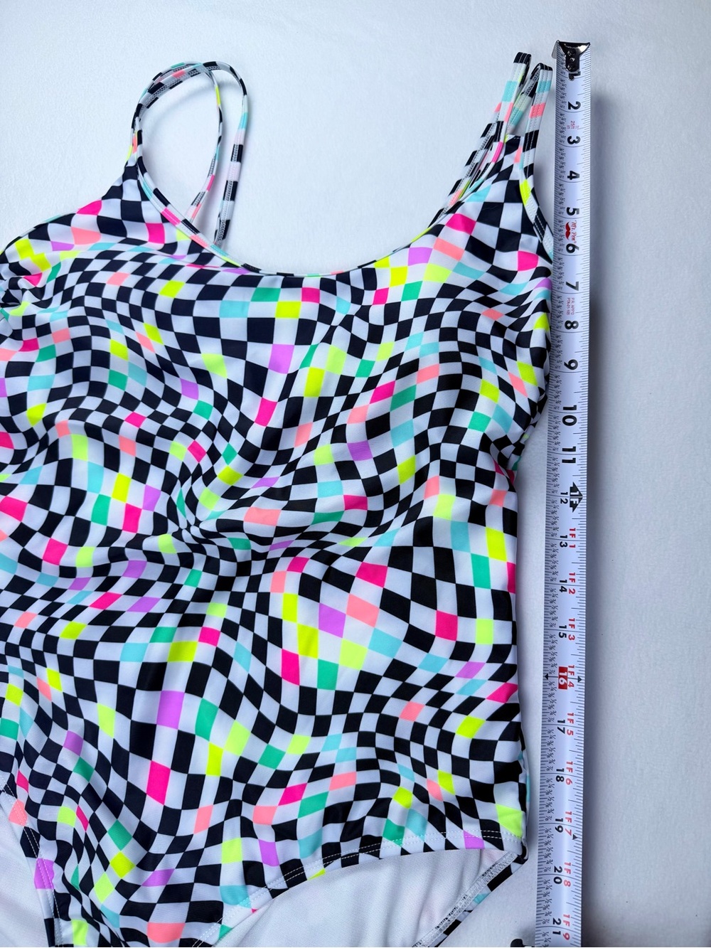 No Boundaries Junior’s XL (15-17) Black Multi Neon Checkerboard One Piece Swim - Picture 7 of 7